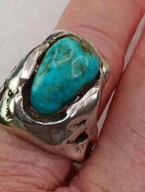 Ring Sz 6 Handwrought Brutalist Navajo Big Blue Turquoise 925 16g Inclusions